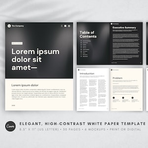 Modello di carta bianca / Elegante, ad alto contrasto / 8,5" x 11" / 30 pagine + 6 mockup / Personalizzabile in Canva