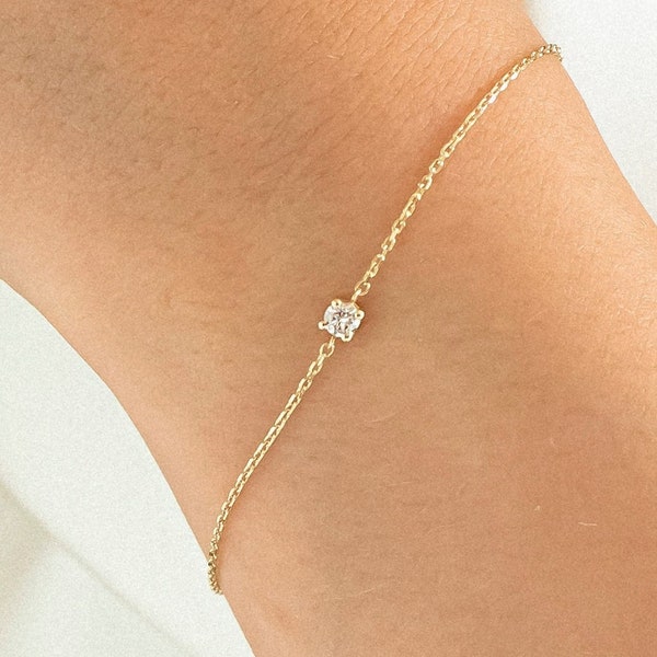 Echter Diamant Solitär Armband für Frauen | 14k Solid Gold & Diamant im Rundschliff | 0.20ct, 0.15 ct, 0.10ct oder 0.06ct Diamanten | Geschenk für Sie