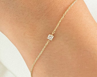 Real Diamond Solitaire Bracelet for Women | 14k Solid Gold & Round Cut Diamond | 0.20ct, 0.15 ct, 0.10ct or 0.06ct Diamonds | Gift for Her