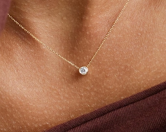 0.10ct Diamond Solitaire Necklace For Women | 14k Real Solid Gold | Bezel Diamonds Pendant