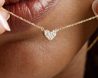 14k Solid Gold Real Diamond Heart Necklace for Women | Pave Settings Dainty Love Charm