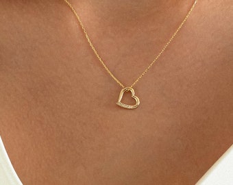 14k Gold Diamond Heart Necklace for Women | Open Heart Pendant | Solid Gold | Heart Shaped Love Necklace | Gift for Her | Valentines Gift