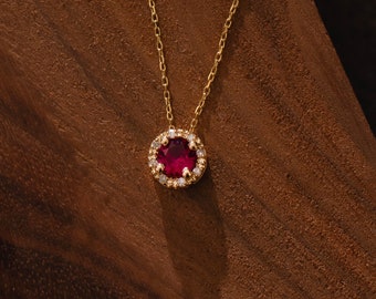 Diamond Ruby Necklace for Women | 14k Real Solid Gold | Halo Diamond Pendant | Round Emerald-Sapphire-Ruby Charm | Gift for Her