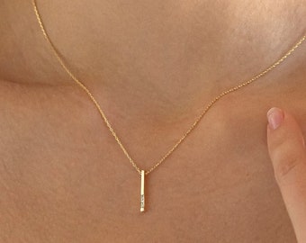 14k Solid Gold 3D Vertical Diamond Bar Necklace for Women | 14k Real Solid Gold | Gold Bar Necklace | Gift for Her | Minimalist Gift