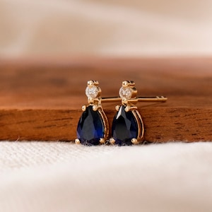 Real Diamond Sapphire Teardrop Stud Earrings for Women | 14k Solid Gold Earring | 0.06ctw Diamond | 1.00ctw Gemstone  | Gift for Her