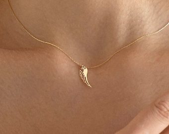 14k Solid Gold Diamond Angel Wing Necklace for Women | Guardian Angel Charm