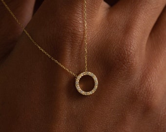 14k Gold Diamond Round Necklace for Women | Circle Ring Pendant | Karma Necklace | Open Pendant 0.06ctw Diamond Neclace | Gift for Her