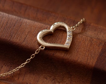 14k Gold Diamond Mini Heart Bracelet for Women | Real Solid Gold | Open Heart Diamond Bracelet | Love Bracelet | Gift for Her