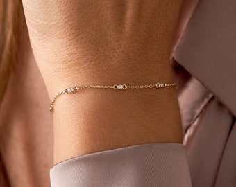 14k Gold 0.06ctw Diamond Bracelet for Women | Real Solid Gold | Round Cut Diamond Bracelet | Diamond Station Gold Bracelet | Gift for Her