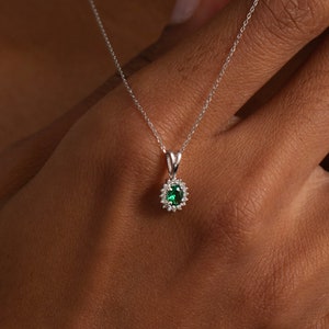 Diamond Emerald Necklace for Women | 14k Real Solid Gold | Bezel Diamond Pendant | Oval Emerald-Sapphire-Ruby Charm | Gift for Her