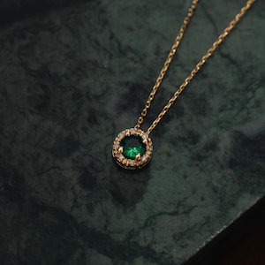 Diamond Emerald Necklace for Women | 14k Real Solid Gold | Halo Diamond Pendant | Round Emerald-Sapphire-Ruby Charm | Gift for Her