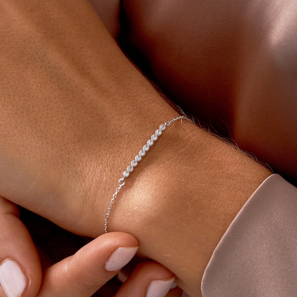 Real Diamond Bar Bracelet for Women | 14k Solid Gold & Round Cut Diamond | 14k Ten Diamond Bar Bracelet | 0.12ctw Diamonds | Gift for Her