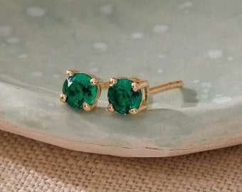 14k Solid Gold Emerald Stud Earrings for Women | 14k Solid Gold Earring | Sapphire, Emerald or Ruby Gemstone | Christmas Gift