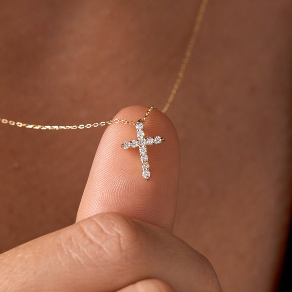 14k massief gouden diamanten kruisketting voor dames | Christelijk geloof hanger | 0,14 ctw diamanten | Religieuze sieraden | Kruiscadeau voor vrouwen