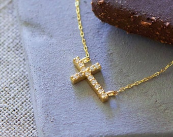 14k Gold Diamond Horizontal Cross Necklace for Women | Christian Faith Pendant | Real Solid Gold | 0.06ctw Diamond | Religious Jewelry