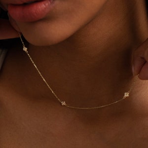 0.12ctw Real Diamond Station Necklace for Women | 14k Solid Gold Dainty Flower Neclace | Bezel Diamond by the Yard Neclaces | Gift for Her