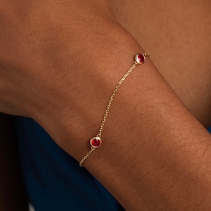 14k Solid Gold Ruby Station Bracelet for Women | Real Solid Gold | Dainty Adjustable Gemstone Bracelet | Gift for Her | Mothers Day Gift