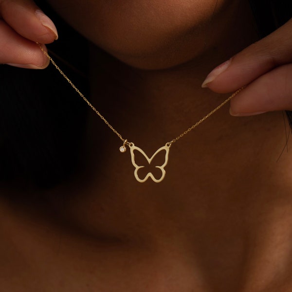 14k Solid Gold Diamant Schmetterling Halskette für Frauen | Kleine zierliche Halskette | Damen Schmuck | Echtes Massives Gold | Geschenk für Sie | Sommer Geschenk