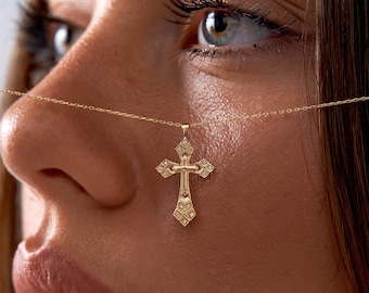 14k Solid Gold Diamond Cross Necklace for Women | Christian Faith Pendant | 0.06ctw Diamond | Catholic Religious Jewelry | Gift for Her