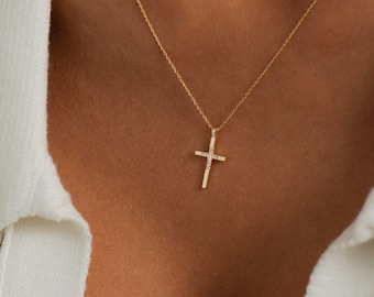 14k Gold Diamond Cross Necklace for Women | Christian Faith Pendant | Real Solid Gold | 0.03ctw Diamond | Religious Jewelry | Gift for Her