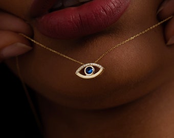 Diamond Evil Eye Necklace for Women | 14k Real Solid Gold | Sapphire  Evil Eye Charm | Nazar Evil Eye Diamond Pendant | Gift for Her