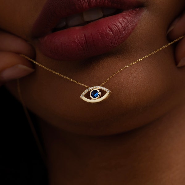 Diamond Evil Eye Necklace for Women | 14k Real Solid Gold | Sapphire  Evil Eye Charm | Nazar Evil Eye Diamond Pendant | Gift for Her