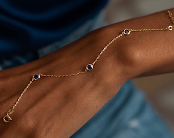 14k Solid Gold Sapphire Station Bracelet for Women | Real Solid Gold | Dainty Adjustable Gemstone Bracelet | Gift for Her |  Valentines Gift