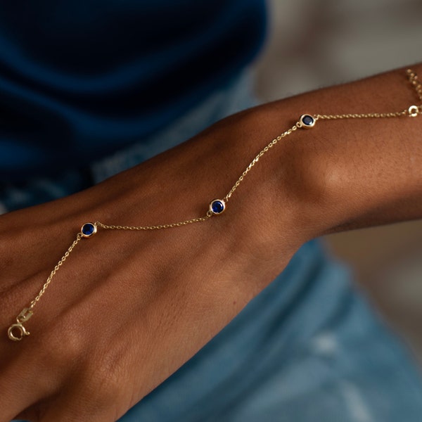 14k Solid Gold Sapphire Station Bracelet for Women | Real Solid Gold | Dainty Adjustable Gemstone Bracelet | Gift for Her |  Valentines Gift