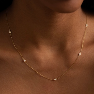 0.10ctw Diamond Station Necklace in 14k Gold  for Women | Solid Gold Necklace | 5 Stone Bezel Set Pendant | Diamond by the Yard Necklaces