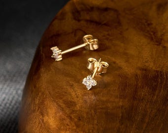 14K Solid Gold Flower Stud Earrings | 0.08ctw Natural Diamonds | Dainty Pavé Set | Minimalist Jewelry