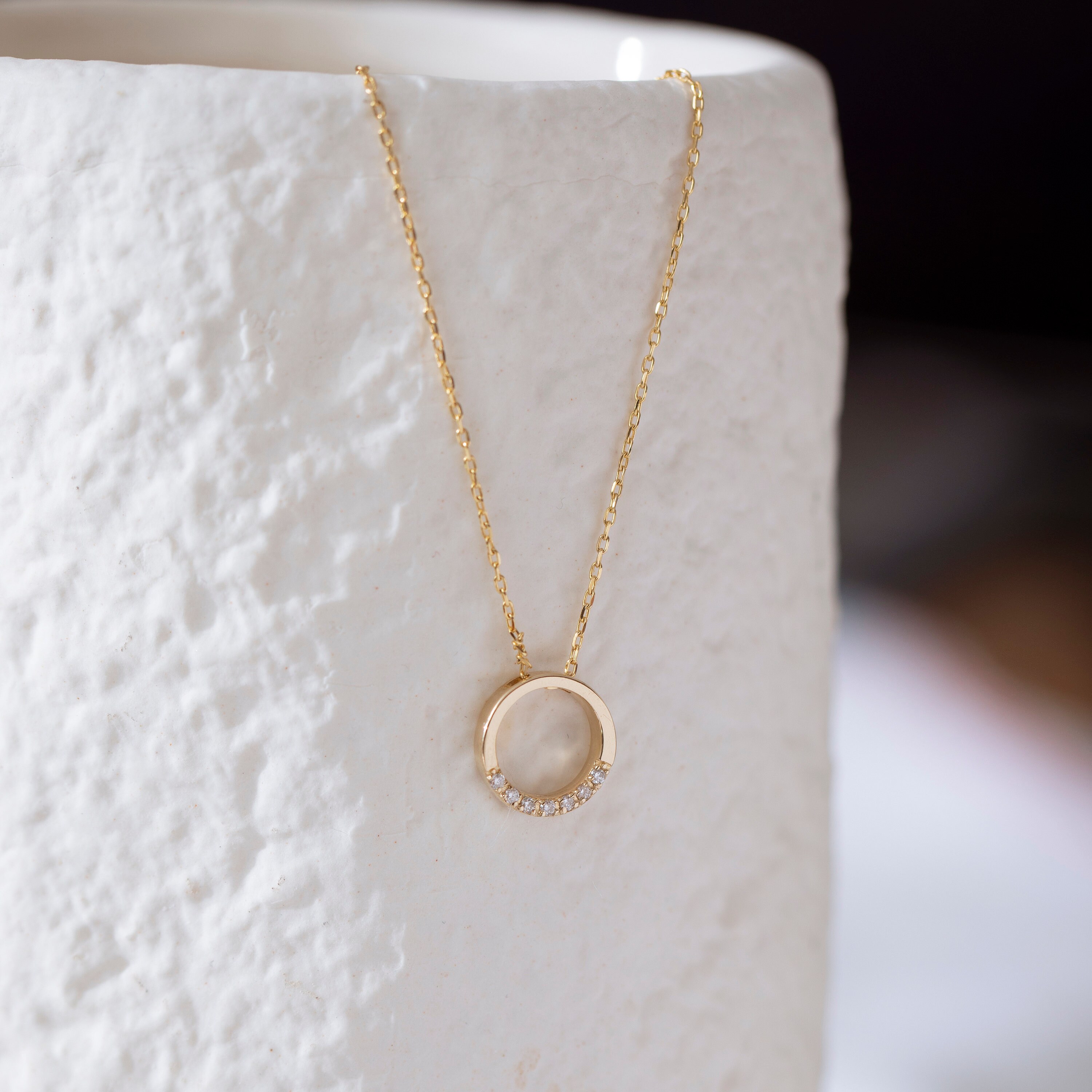 14k Gold Diamond Round Necklace by Moora Diamond Circle Ring Etsy