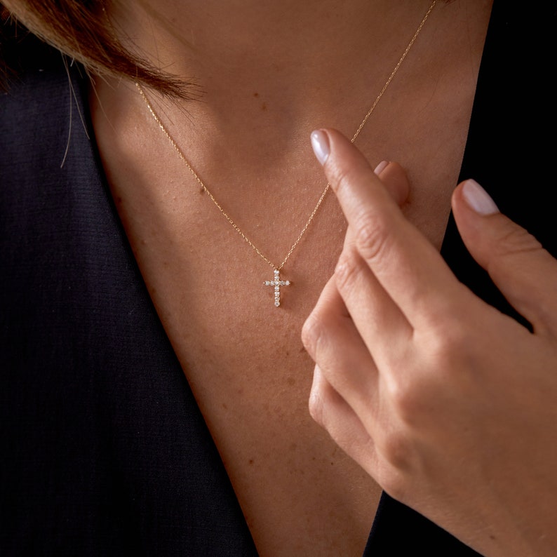 14k Solid Gold Diamond Cross Necklace for Women Christian Faith Pendant 0.14ctw Diamonds Religious Jewelry Cross Gift for Women image 4