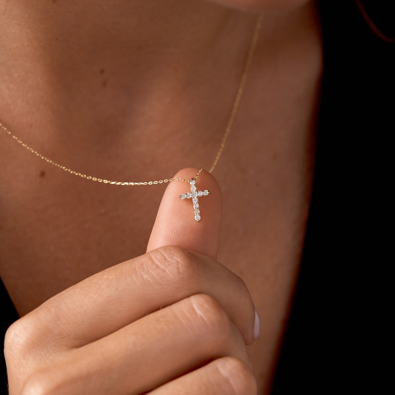 14k Solid Gold Diamond Cross Necklace for Women Christian Faith Pendant 0.14ctw Diamonds Religious Jewelry Cross Gift for Women image 1