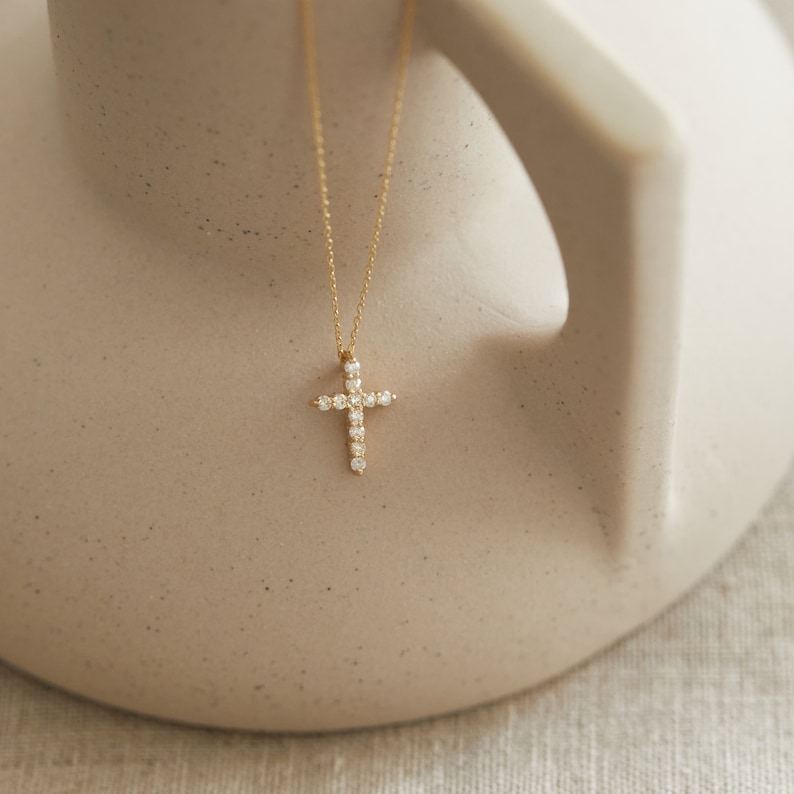 14k Solid Gold Diamond Cross Necklace for Women Christian Faith Pendant 0.14ctw Diamonds Religious Jewelry Cross Gift for Women image 2