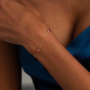 14K Solid Gold Ruby Station Bracelet | 0.12ctw Natural Rubies | Adjustable Minimalist Jewelry