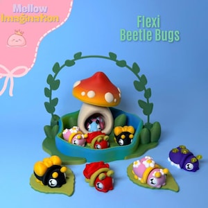 May include: A whimsical scene featuring a mushroom house with a red and yellow cap, surrounded by colorful Flexi Beetle Bugs. The bugs are in various colors, including pink, red, black, and purple, with leaf-shaped bases. The text "Flexi Beetle Bugs" and "Mellow Imagination" are visible.