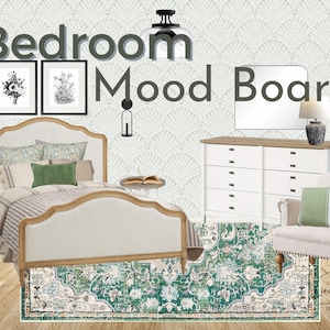 Tablero de estado de ánimo del dormitorio de la granja / Diseño de interiores virtual / Diseño de interiores / Dormitorio salvia y crema / Moodboard de la habitación de invitados