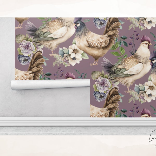 Violet Floral Chicken Peel and Stick Wallpaper | Removeable Purple Wallpaper | Chicken Wallpaper | Cottagecore | Modern Farmhouse Wallpaper