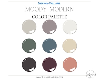 Palette de couleurs moderne de mauvaise humeur | Sherwin-Williams | Palette de couleurs de peinture foncée | Couleurs de peinture confortables | Couleurs de peinture pour toute la maison | Violet | Noir