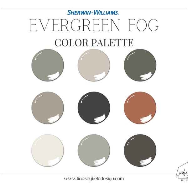 Evergreen Nebel Farbpalette | Sherwin Williams | Professionelle Lack-Farbpalette | Grüne Lackfarben | Erdfarben | Erdige Farbe