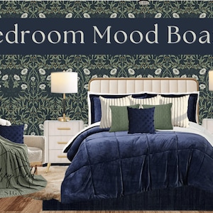 Cozy Indigo Bedroom Mood Board | Dark Floral Wallpaper | Virtual Design | E-design