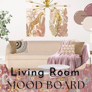 Pink Earth Tone Living Room Mood Board / Boho / Glam / Airbnb / Diseño virtual / Diseñador de interiores