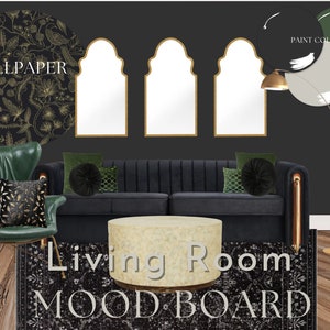 Black Living Room Mood Board / Diseño de interiores negro / Diseño de interiores gótico / Academia oscura / Glam / Airbnb / Diseñador de interiores