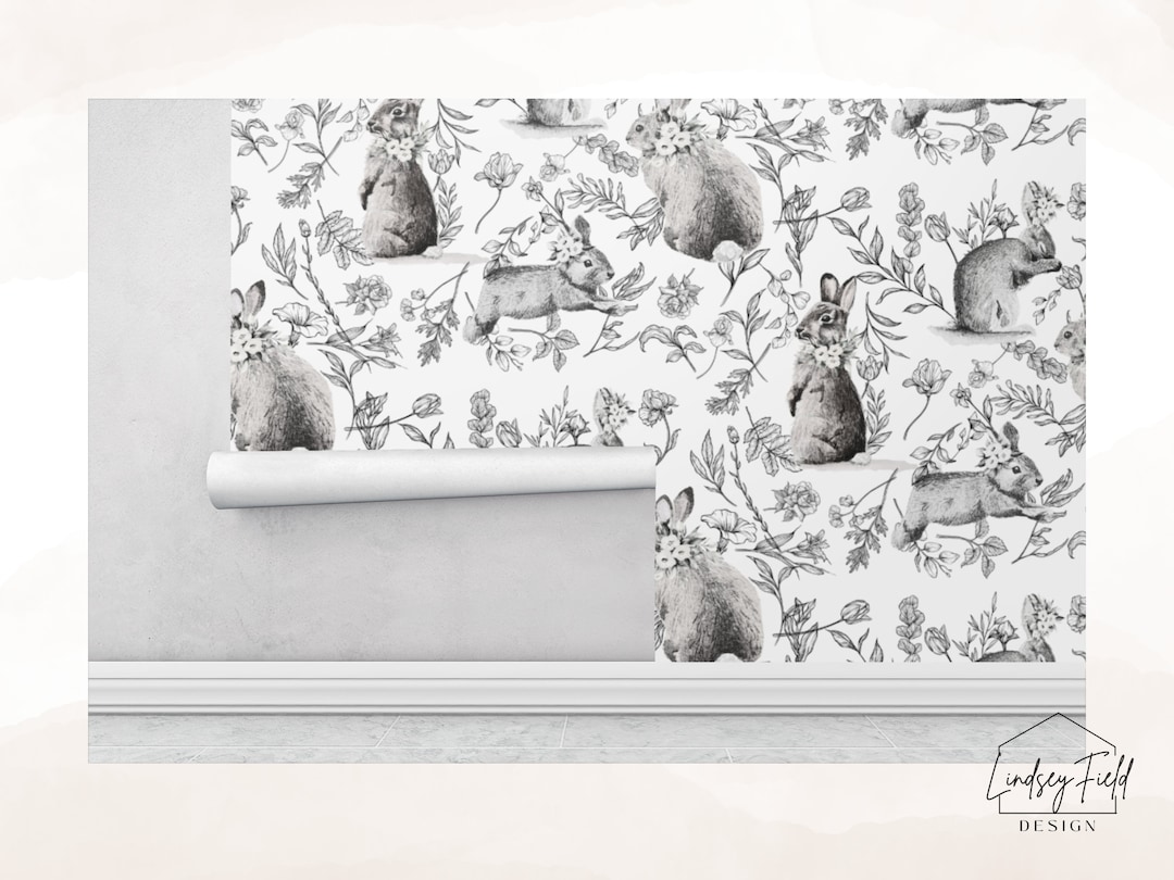 Botanical Bunny Peel and Stick Wallpaper Black and White Floral Rabbit