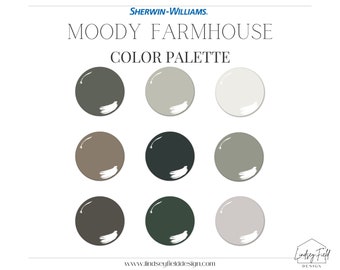 Palette de couleurs Moody Farmhouse | Sherwin Williams | Palette de couleurs de peinture foncée | Couleurs de peinture confortables | Couleurs de peinture pour toute la maison | Vert | Noir