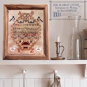 May include: A framed cross-stitch sampler with a brown wooden frame. The sampler features a white background with a red, black, and green design. The design includes the alphabet, numbers, and a basket of fruit. The text "THE SCARLET LETTER Instructions for Working the Bird SAMPLER" is visible in the upper right corner of the image.