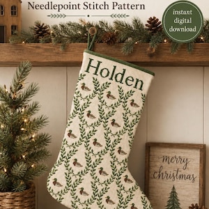 May include: A needlepoint Christmas stocking featuring a repeating pattern of mallard ducks and green leafy vines on a cream background. The name Holden is stitched in dark green at the top. The text Mallard Duck Christmas Stocking Needlepoint Stitch Pattern and instant digital download are visible.
