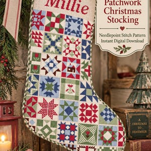 May include: A Christmas stocking featuring a patchwork needlepoint design with red, blue, and green geometric patterns on a light fabric. The name Millie is stitched in red at the top. Text on the image reads Heirloom Patchwork Christmas Stocking.