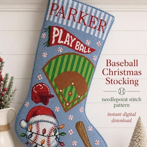 May include: A light blue needlepoint Christmas stocking featuring a blue and white striped cuff with the name PARKER in red. The body displays a red PLAY BALL pennant, a baseball field, a red helmet, a baseball with holiday lights, and a glove.