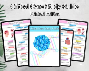 May include: A set of four digital study guides for critical care nursing. The guides are titled "Hemorrhagic Stroke", "Status Ep", "Critical Care Study Guide", and "Ischemic Stroke". The guides feature colorful illustrations and text.
